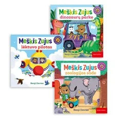 Trijų knygelių su slankiojančiais paveikslėliais rinkinys: Meškis Zujus lėktuvo pilotas + Meškis Zujus zoologijos sode + Meškis Zujus dinozaurų parke